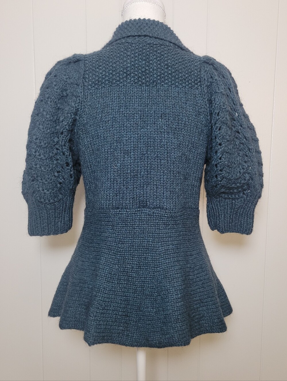 Anthropologie × Charlie & Robin Cardigan Wool Alpaca Crochet Puff Sleeve Teal SM - Picture 6 of 8